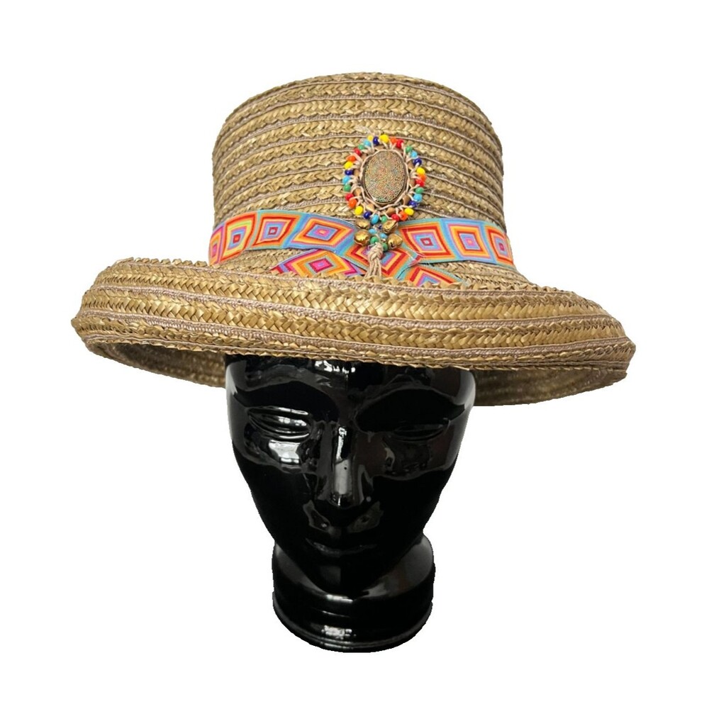 ERIC JAVITS Straw Sun Hat Boho Beaded Bucket Cloche USA Women’s Resort Rainbow